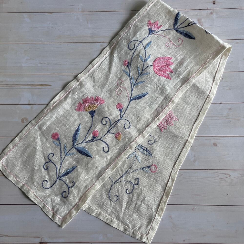Vintage Hand Embroidered Floral Small Table Runner Swedish Blekingsom Blue Pink